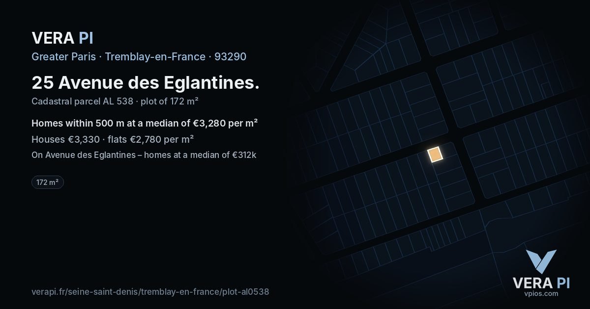 25 Avenue des Eglantines, Tremblay-en-France at night – the plot lit, the parcels around coloured by the prices near them