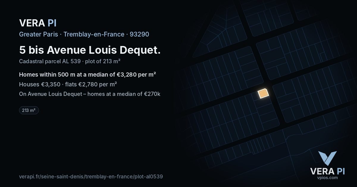 5 bis Avenue Louis Dequet, Tremblay-en-France at night – the plot lit, the parcels around coloured by the prices near them