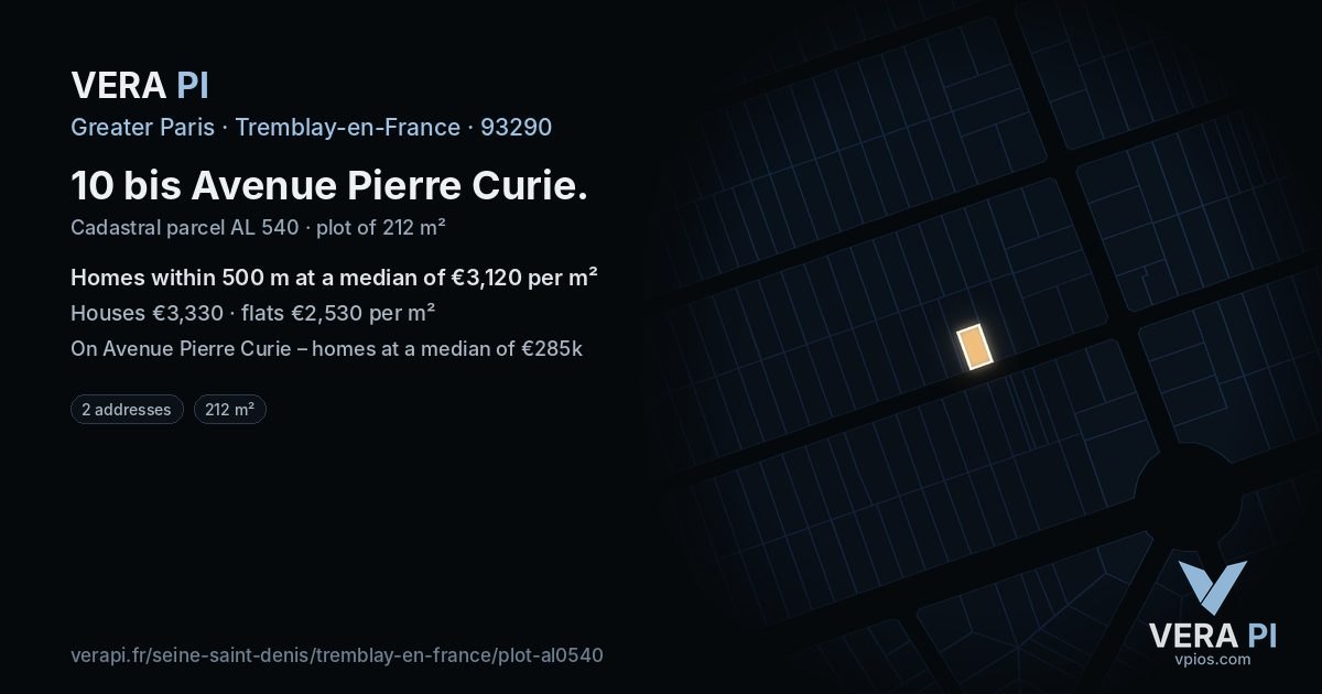 10 bis Avenue Pierre Curie, Tremblay-en-France at night – the plot lit, the parcels around coloured by the prices near them