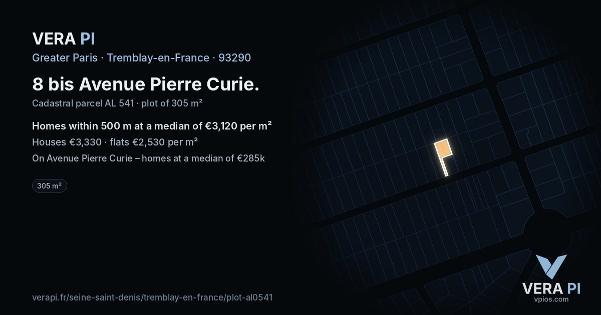 8 bis Avenue Pierre Curie, Tremblay-en-France at night – the plot lit, the parcels around coloured by the prices near them