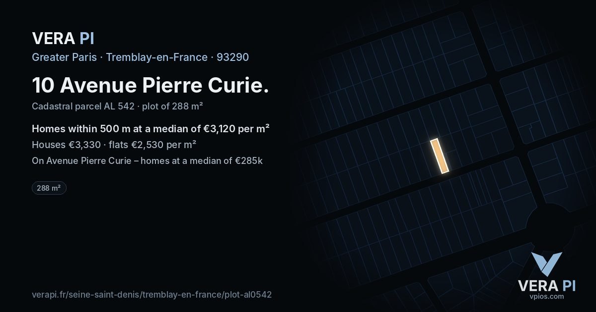 10 Avenue Pierre Curie, Tremblay-en-France at night – the plot lit, the parcels around coloured by the prices near them