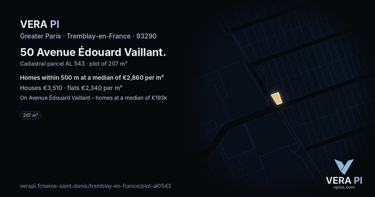 50 Avenue Édouard Vaillant, Tremblay-en-France at night – the plot lit, the parcels around coloured by the prices near them