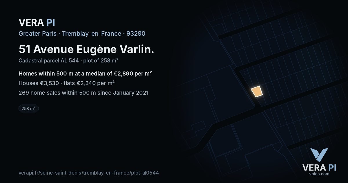 51 Avenue Eugène Varlin, Tremblay-en-France at night – the plot lit, the parcels around coloured by the prices near them