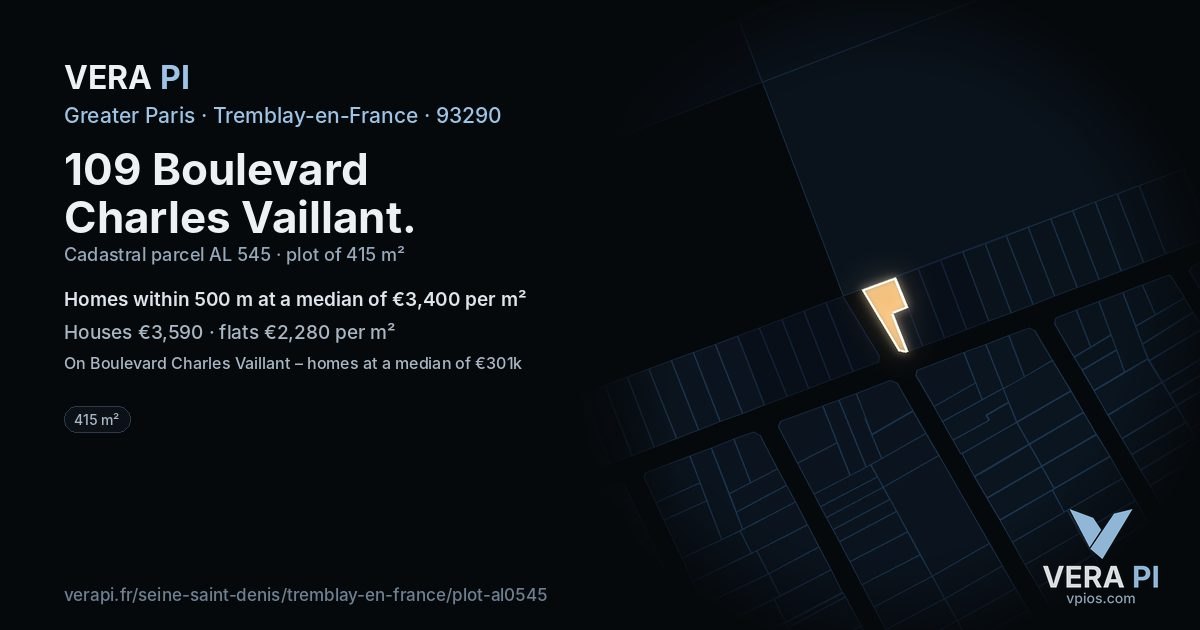 109 Boulevard Charles Vaillant, Tremblay-en-France at night – the plot lit, the parcels around coloured by the prices near them