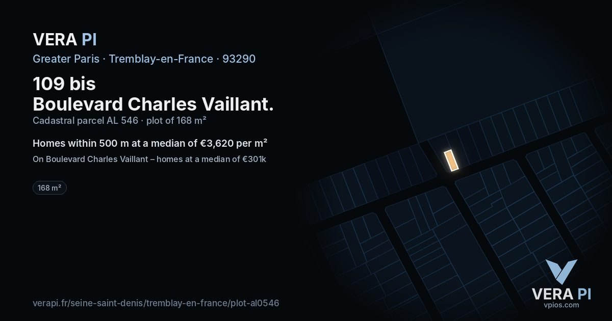 109 bis Boulevard Charles Vaillant, Tremblay-en-France at night – the plot lit, the parcels around coloured by the prices near them