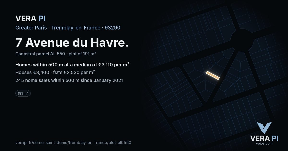 7 Avenue du Havre, Tremblay-en-France at night – the plot lit, the parcels around coloured by the prices near them