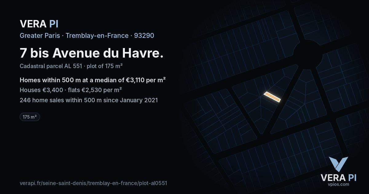 7 bis Avenue du Havre, Tremblay-en-France at night – the plot lit, the parcels around coloured by the prices near them
