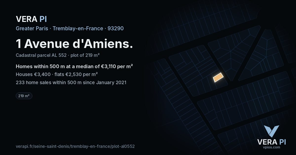 1 Avenue d'Amiens, Tremblay-en-France at night – the plot lit, the parcels around coloured by the prices near them