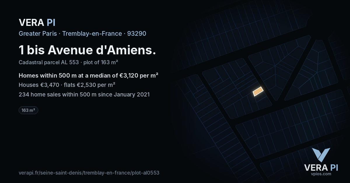 1 bis Avenue d'Amiens, Tremblay-en-France at night – the plot lit, the parcels around coloured by the prices near them