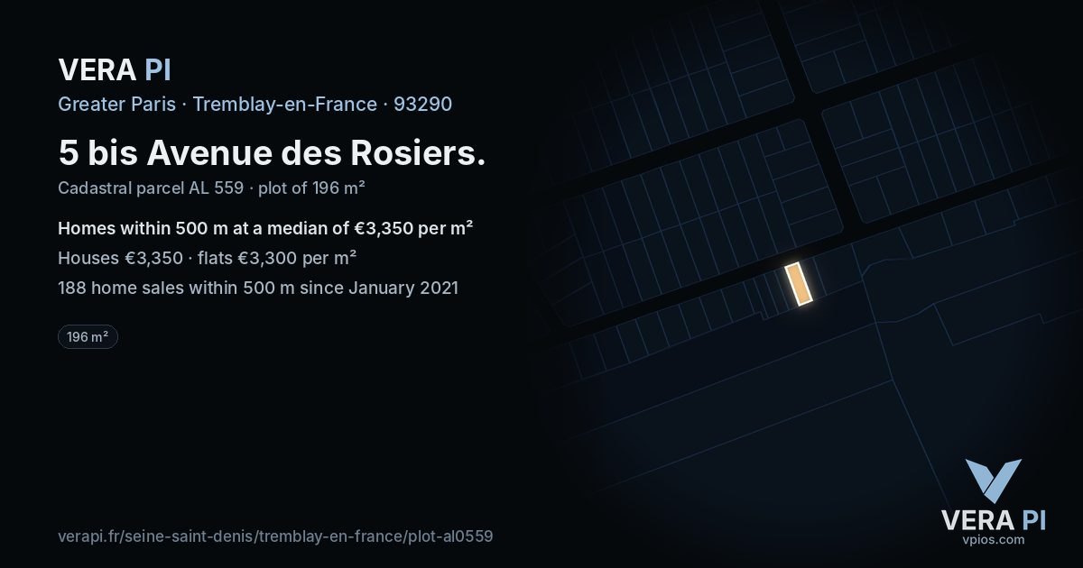 5 bis Avenue des Rosiers, Tremblay-en-France at night – the plot lit, the parcels around coloured by the prices near them