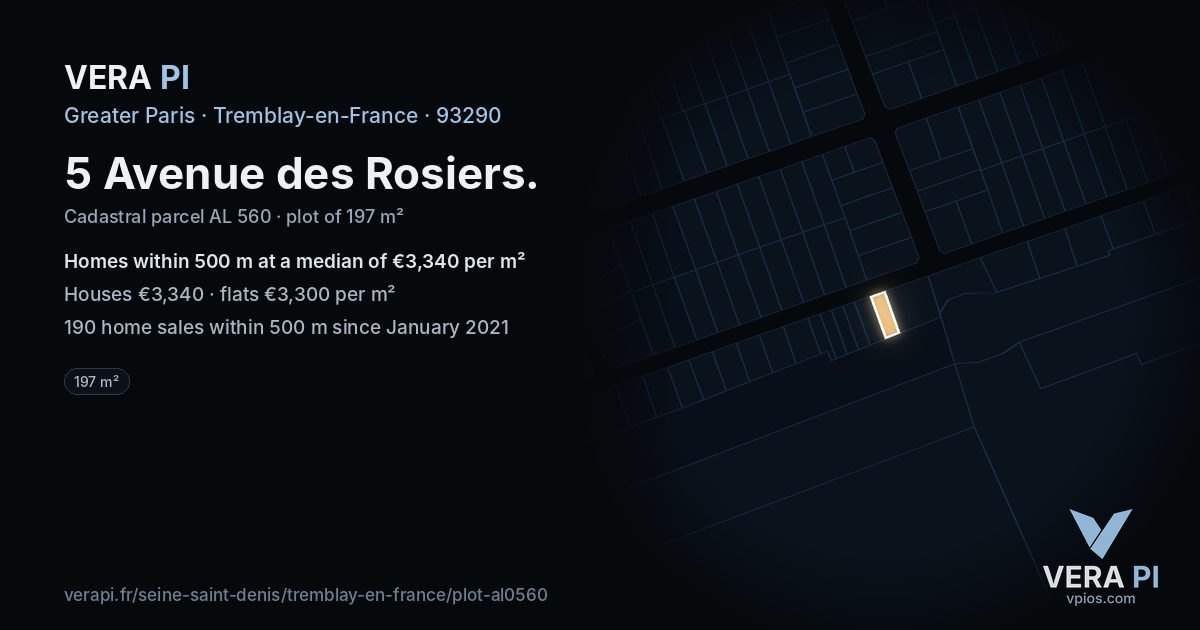 5 Avenue des Rosiers, Tremblay-en-France at night – the plot lit, the parcels around coloured by the prices near them