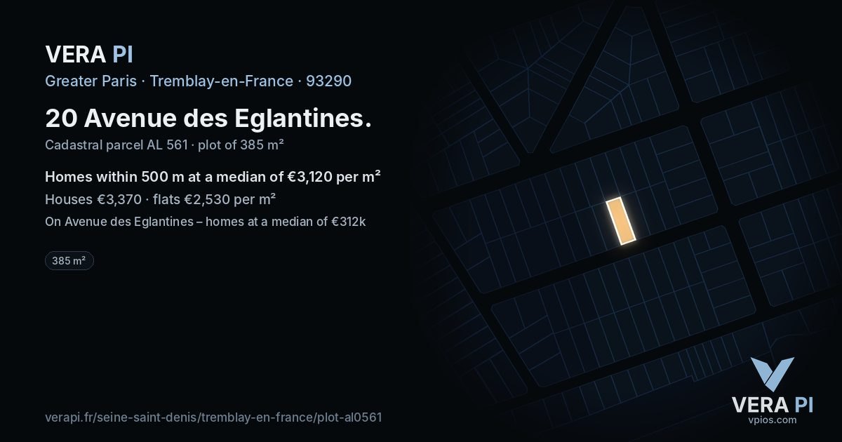 20 Avenue des Eglantines, Tremblay-en-France at night – the plot lit, the parcels around coloured by the prices near them