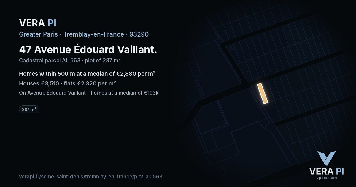 47 Avenue Édouard Vaillant, Tremblay-en-France at night – the plot lit, the parcels around coloured by the prices near them
