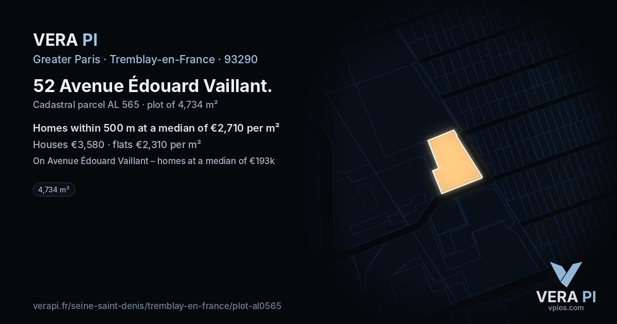 52 Avenue Édouard Vaillant, Tremblay-en-France at night – the plot lit, the parcels around coloured by the prices near them