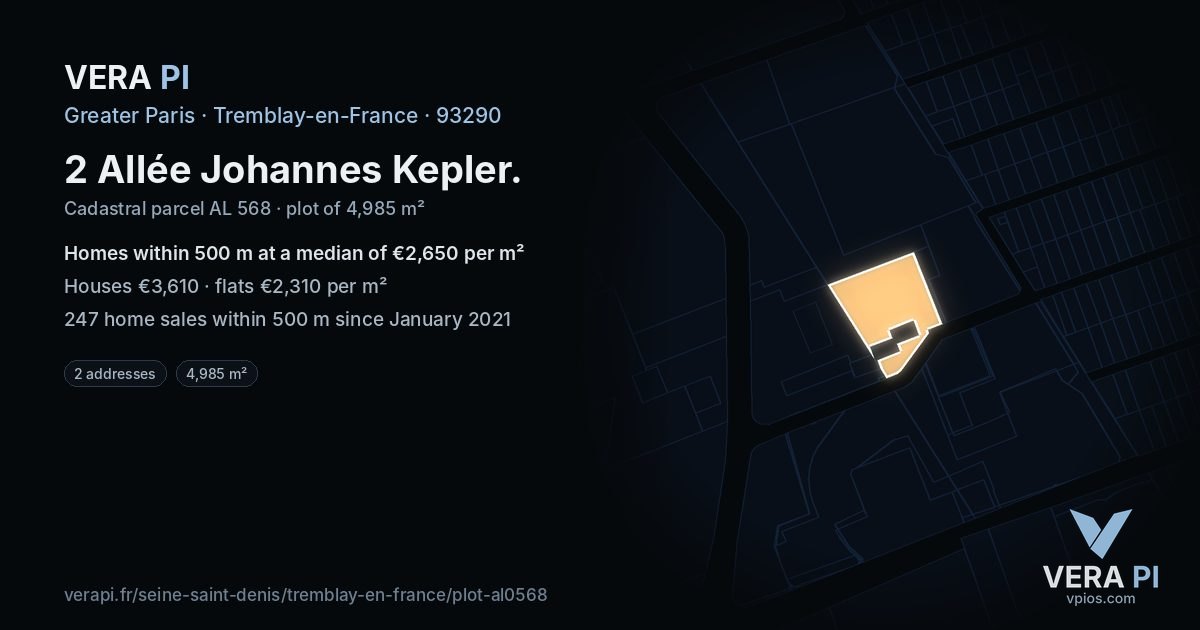 2 Allée Johannes Kepler, Tremblay-en-France at night – the plot lit, the parcels around coloured by the prices near them