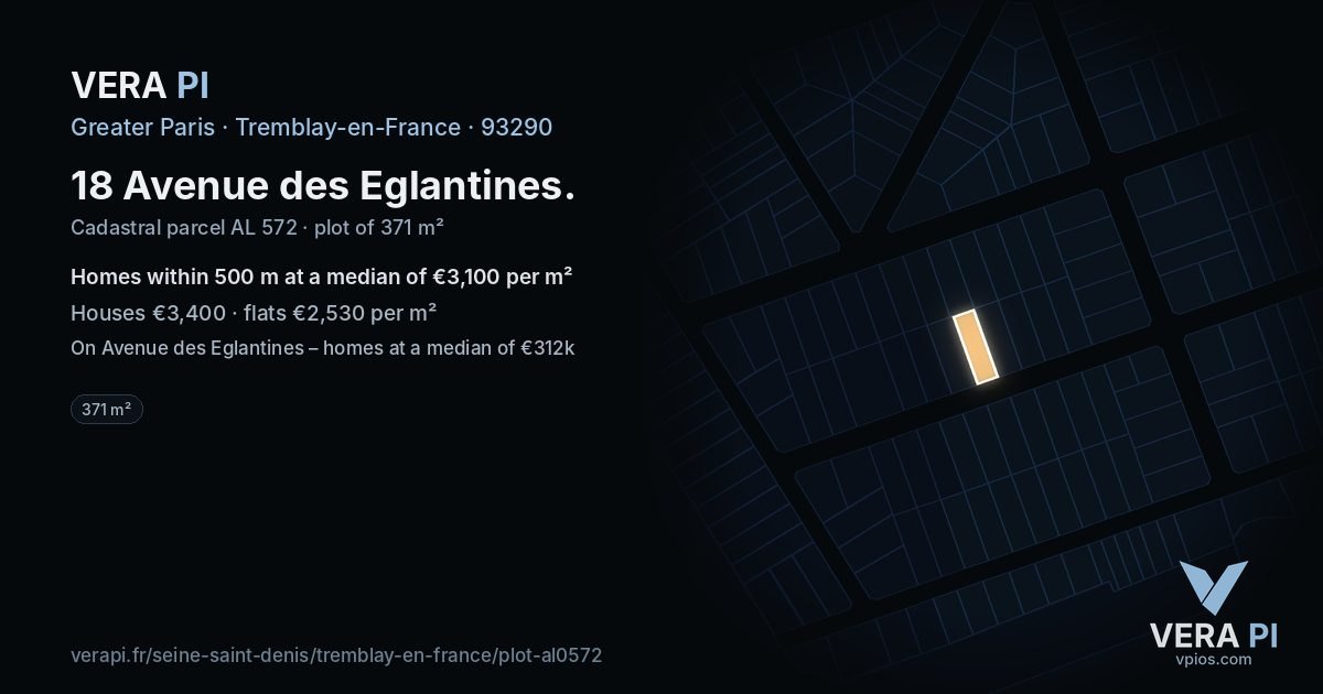 18 Avenue des Eglantines, Tremblay-en-France at night – the plot lit, the parcels around coloured by the prices near them