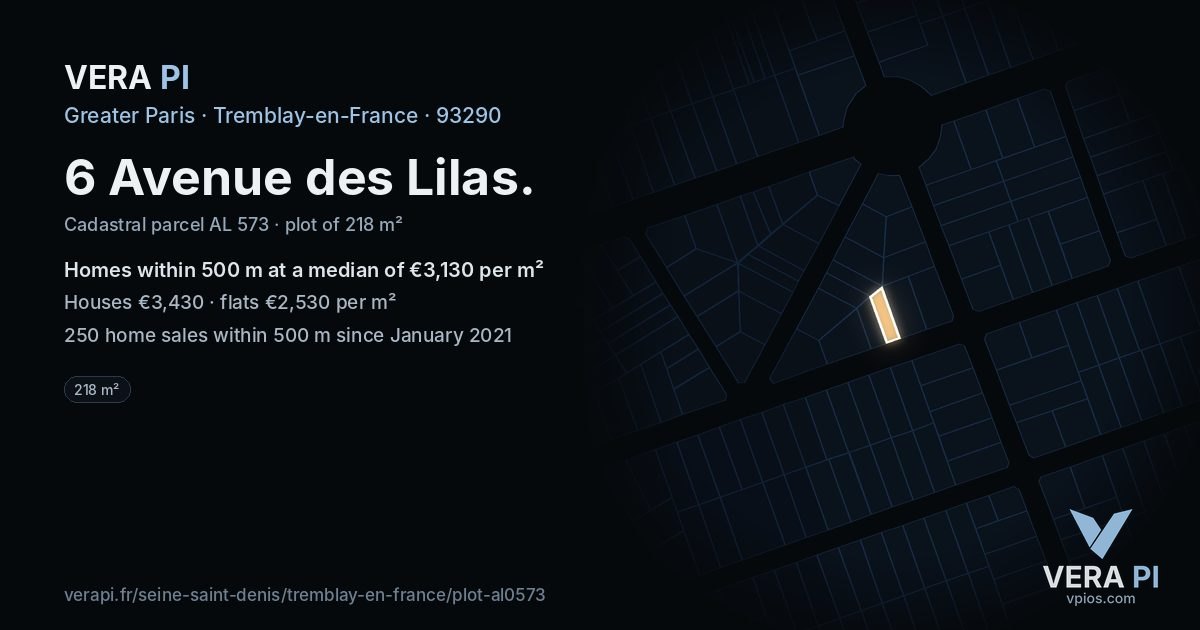 6 Avenue des Lilas, Tremblay-en-France at night – the plot lit, the parcels around coloured by the prices near them