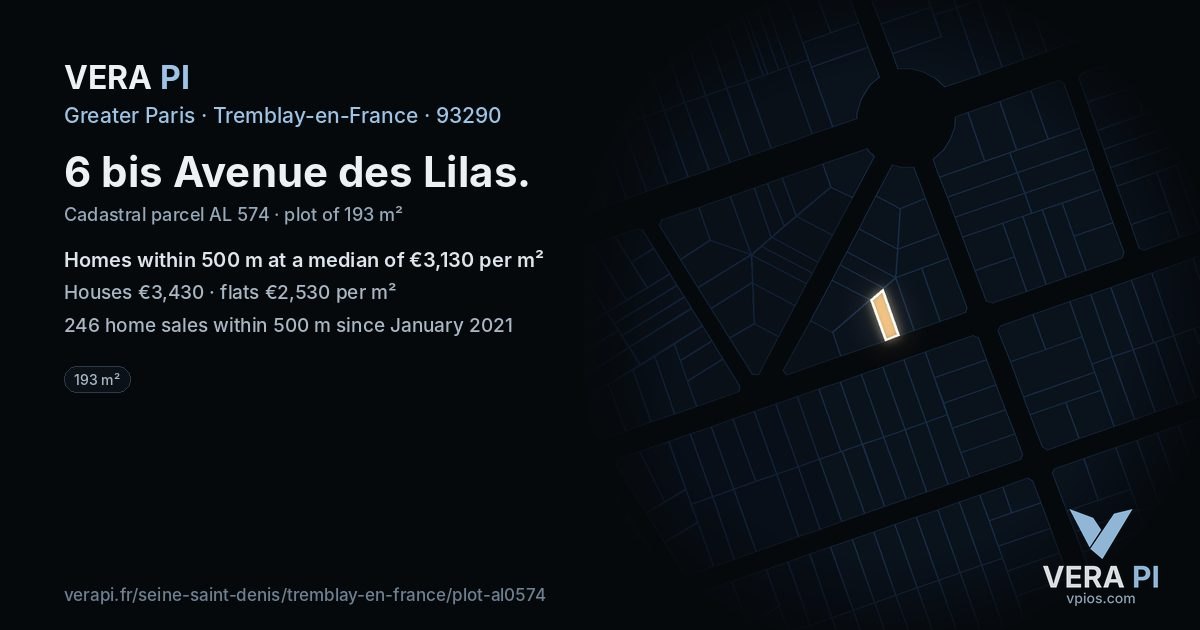 6 bis Avenue des Lilas, Tremblay-en-France at night – the plot lit, the parcels around coloured by the prices near them