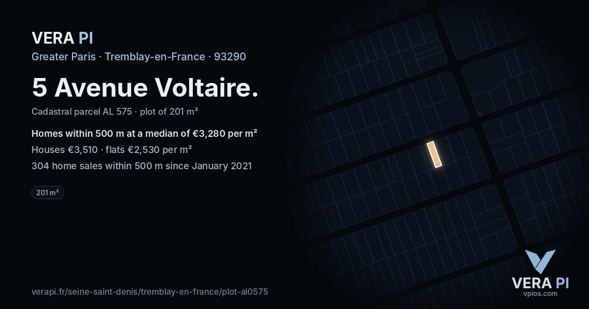 5 Avenue Voltaire, Tremblay-en-France at night – the plot lit, the parcels around coloured by the prices near them