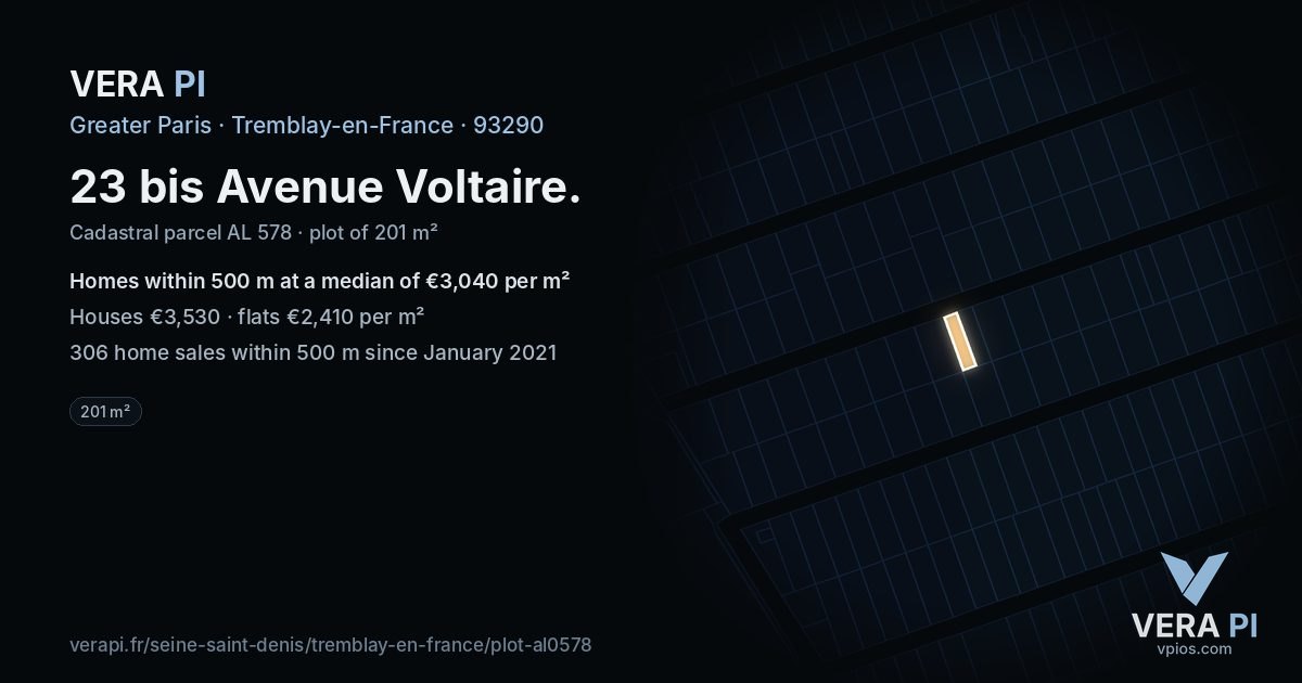 23 bis Avenue Voltaire, Tremblay-en-France at night – the plot lit, the parcels around coloured by the prices near them