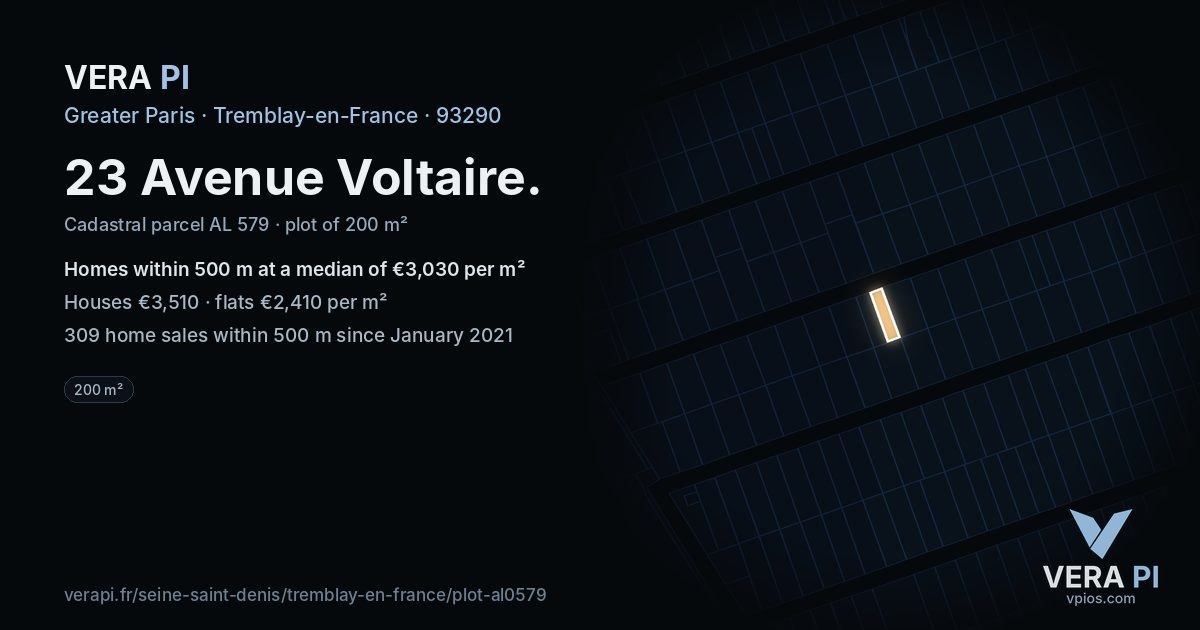 23 Avenue Voltaire, Tremblay-en-France at night – the plot lit, the parcels around coloured by the prices near them