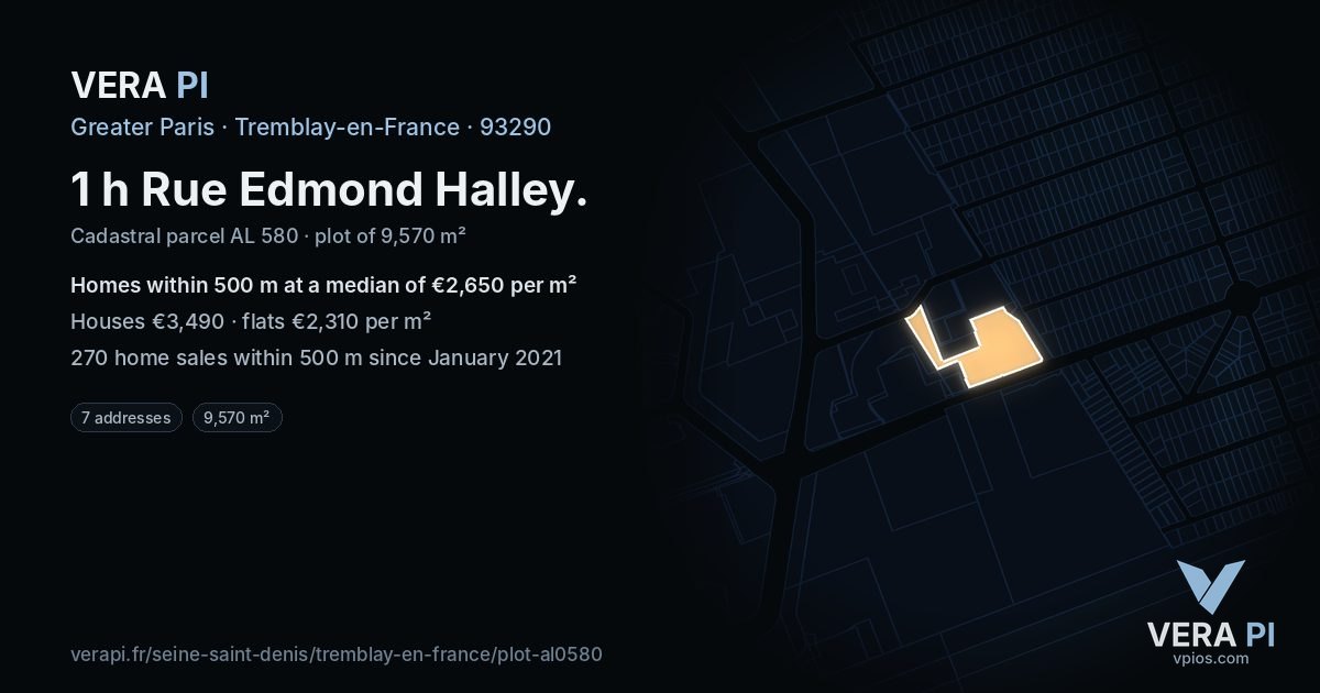 1 h Rue Edmond Halley, Tremblay-en-France at night – the plot lit, the parcels around coloured by the prices near them