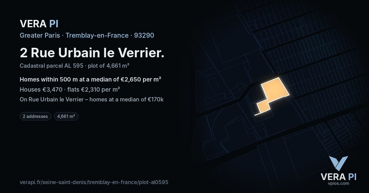 2 Rue Urbain le Verrier, Tremblay-en-France at night – the plot lit, the parcels around coloured by the prices near them