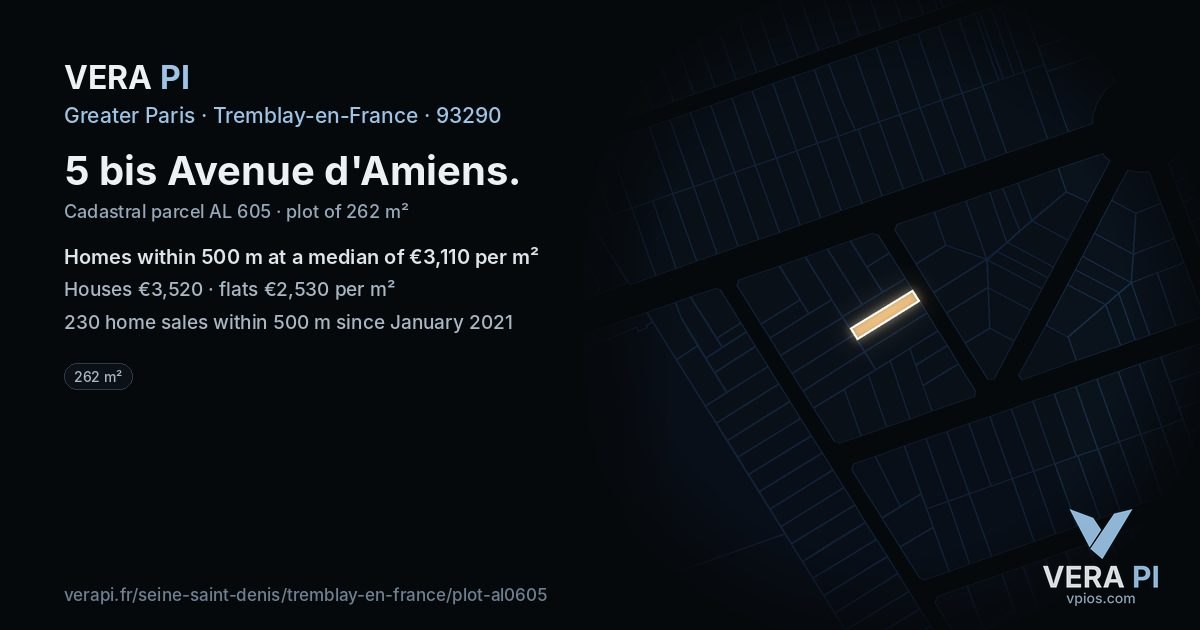 5 bis Avenue d'Amiens, Tremblay-en-France at night – the plot lit, the parcels around coloured by the prices near them