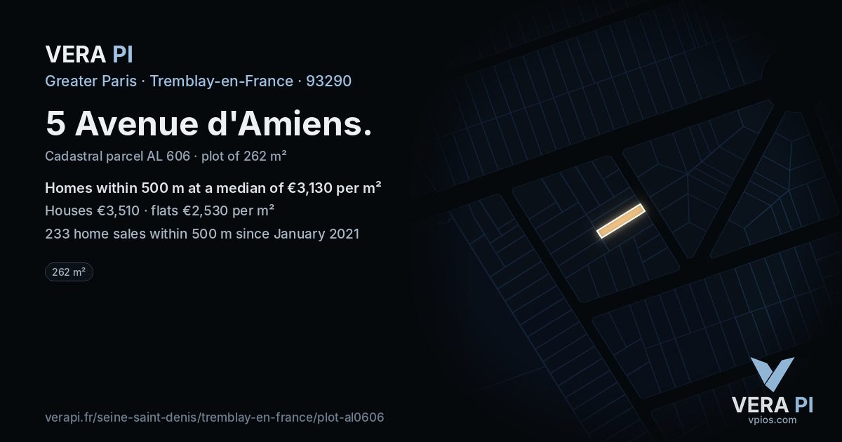 5 Avenue d'Amiens, Tremblay-en-France at night – the plot lit, the parcels around coloured by the prices near them