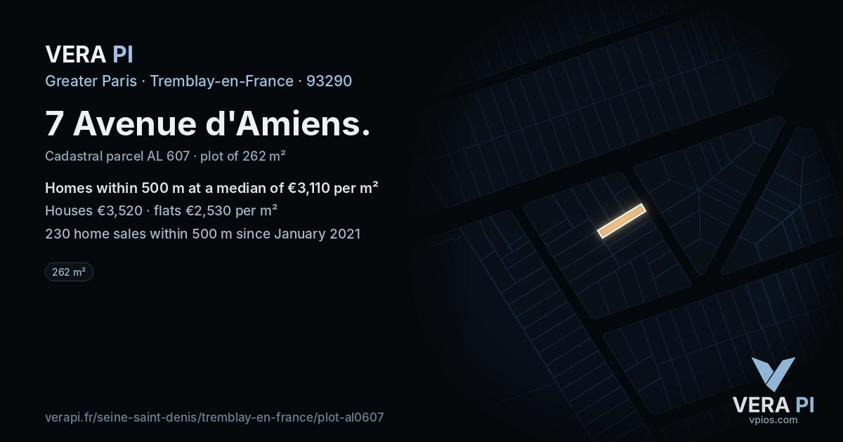 7 Avenue d'Amiens, Tremblay-en-France at night – the plot lit, the parcels around coloured by the prices near them