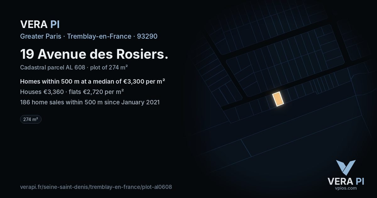 19 Avenue des Rosiers, Tremblay-en-France at night – the plot lit, the parcels around coloured by the prices near them