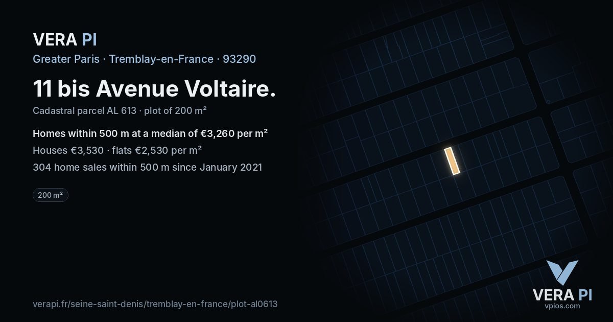 11 bis Avenue Voltaire, Tremblay-en-France at night – the plot lit, the parcels around coloured by the prices near them