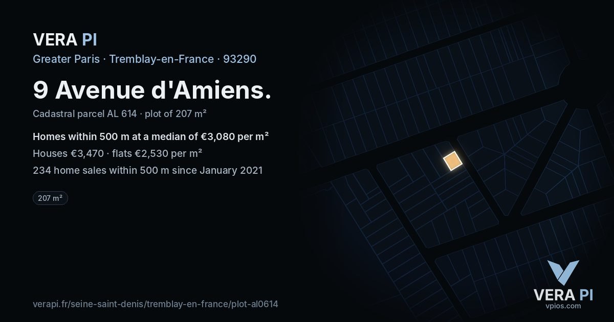 9 Avenue d'Amiens, Tremblay-en-France at night – the plot lit, the parcels around coloured by the prices near them