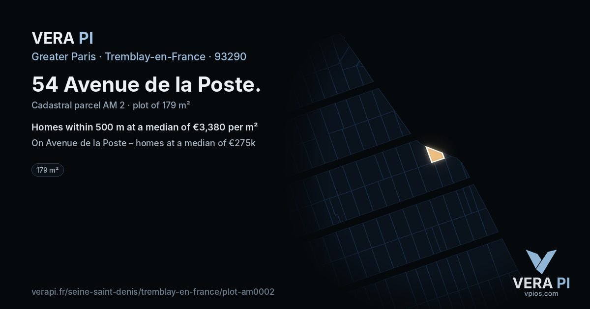 54 Avenue de la Poste, Tremblay-en-France at night – the plot lit, the parcels around coloured by the prices near them