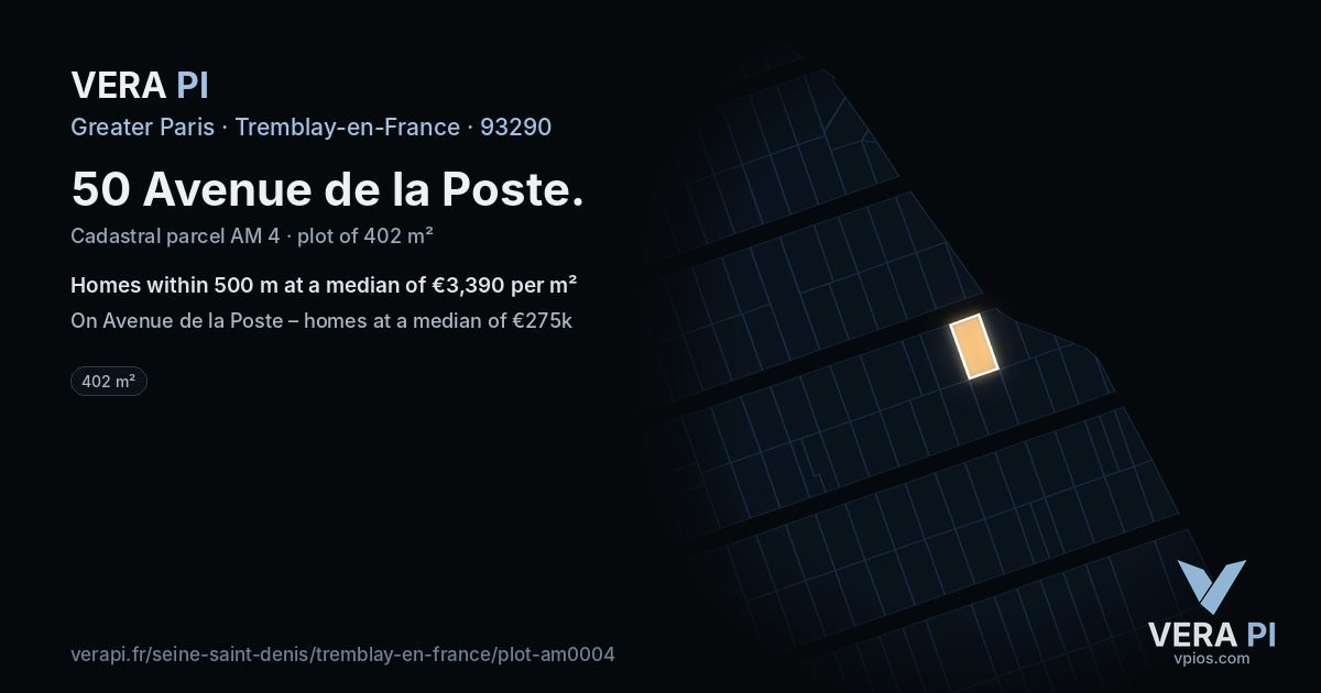 50 Avenue de la Poste, Tremblay-en-France at night – the plot lit, the parcels around coloured by the prices near them