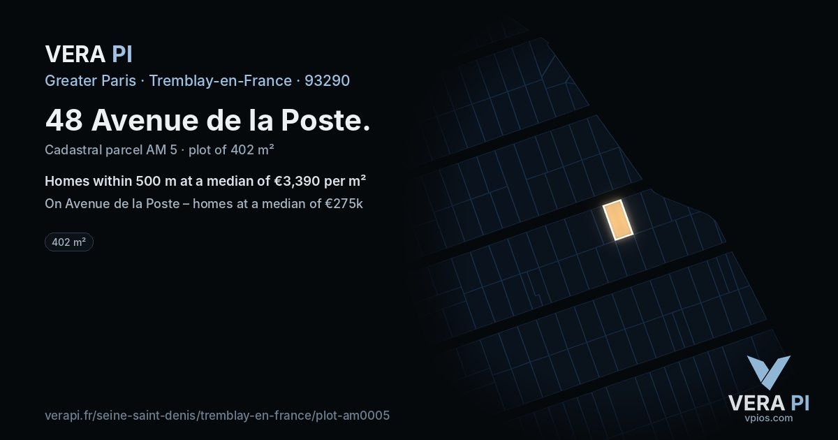 48 Avenue de la Poste, Tremblay-en-France at night – the plot lit, the parcels around coloured by the prices near them
