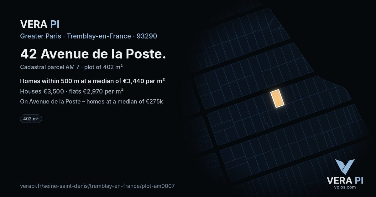 42 Avenue de la Poste, Tremblay-en-France at night – the plot lit, the parcels around coloured by the prices near them