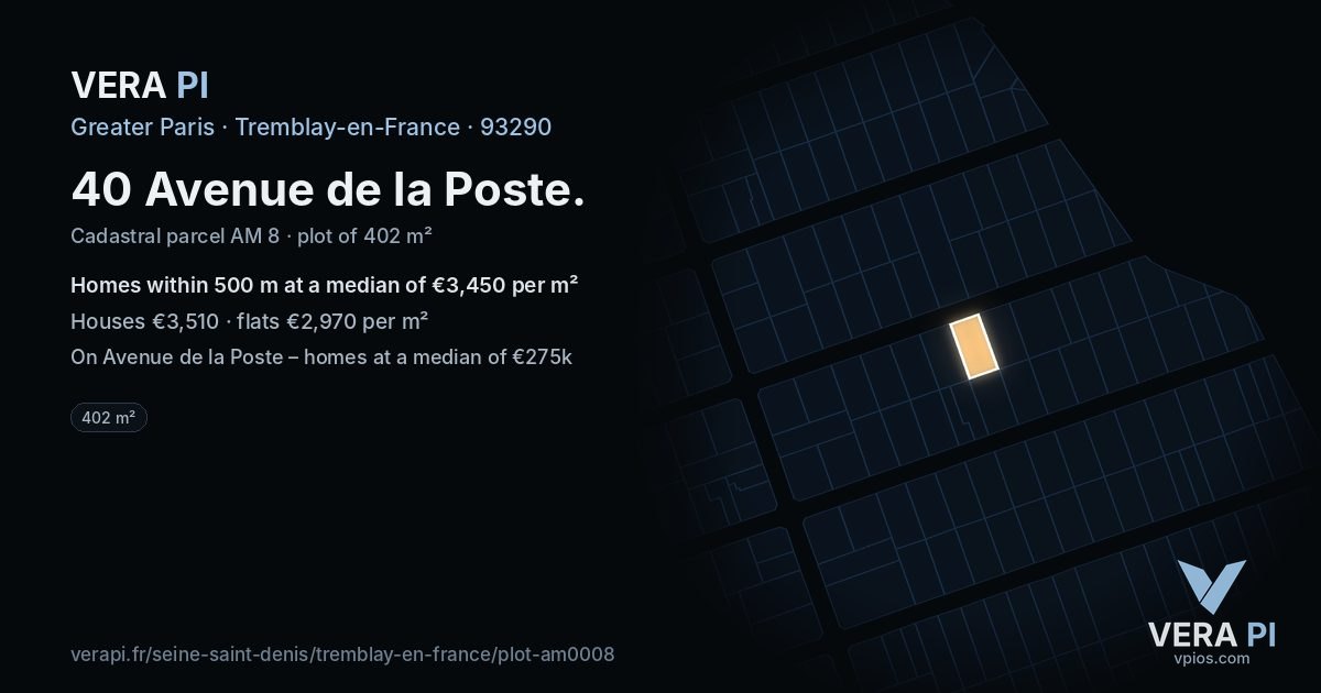 40 Avenue de la Poste, Tremblay-en-France at night – the plot lit, the parcels around coloured by the prices near them
