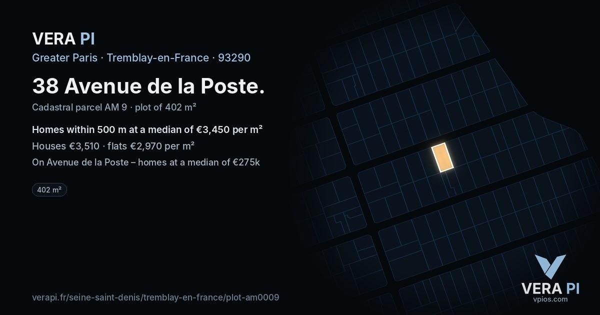 38 Avenue de la Poste, Tremblay-en-France at night – the plot lit, the parcels around coloured by the prices near them