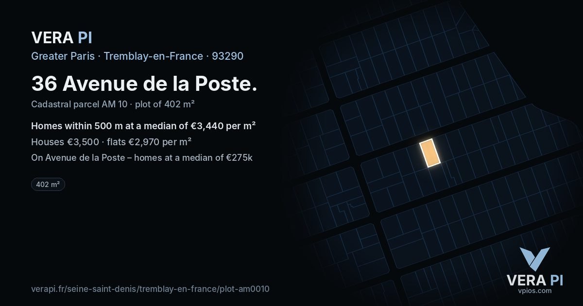 36 Avenue de la Poste, Tremblay-en-France at night – the plot lit, the parcels around coloured by the prices near them