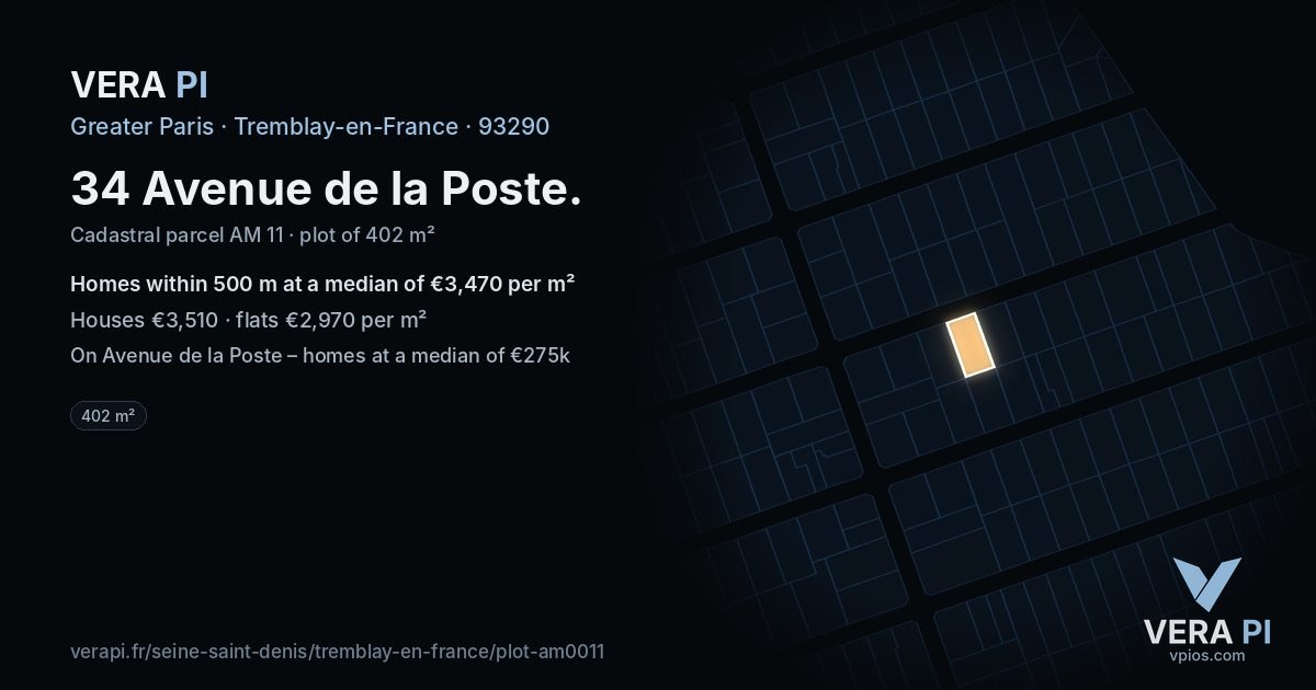 34 Avenue de la Poste, Tremblay-en-France at night – the plot lit, the parcels around coloured by the prices near them