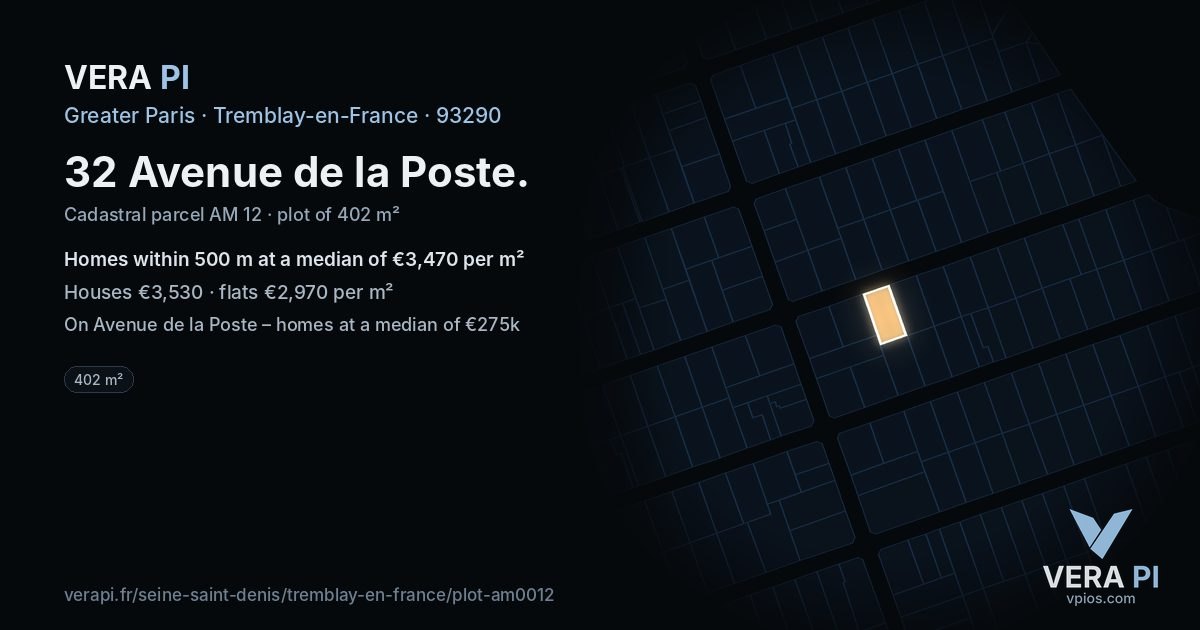 32 Avenue de la Poste, Tremblay-en-France at night – the plot lit, the parcels around coloured by the prices near them