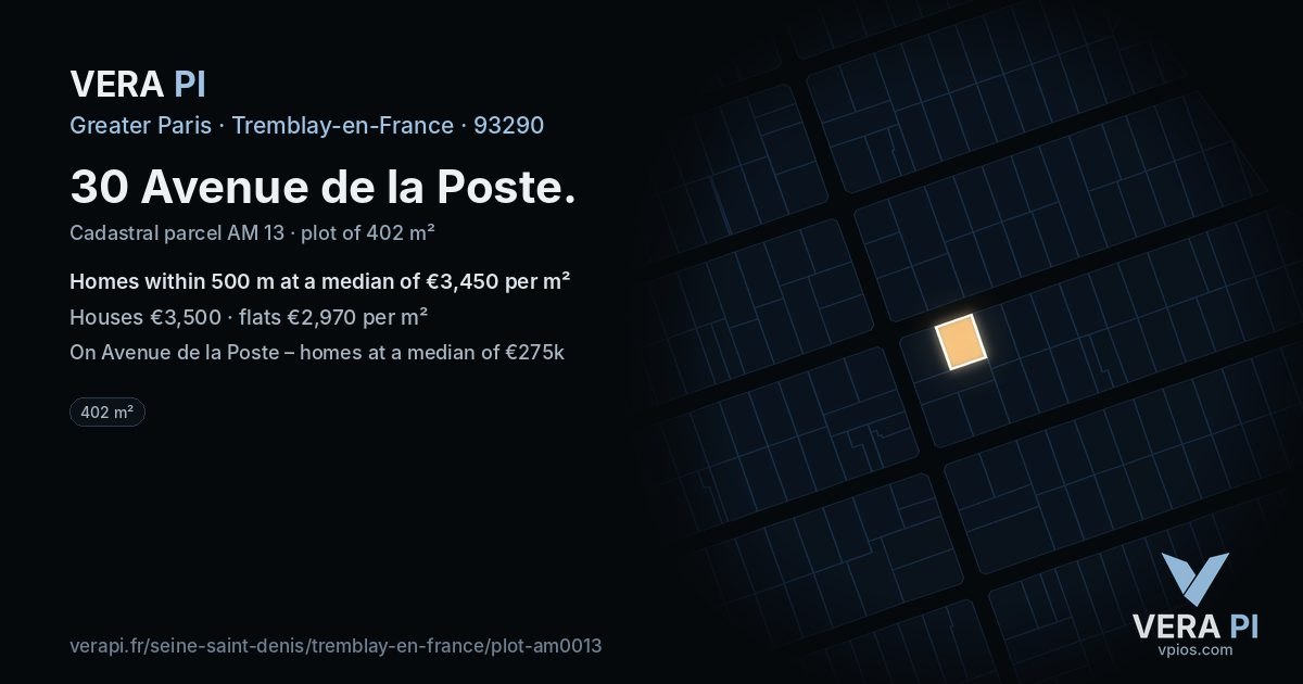 30 Avenue de la Poste, Tremblay-en-France at night – the plot lit, the parcels around coloured by the prices near them