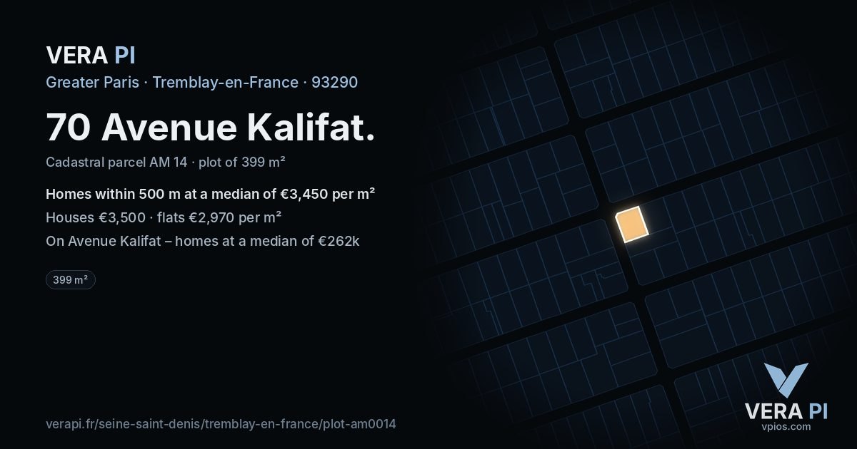 70 Avenue Kalifat, Tremblay-en-France at night – the plot lit, the parcels around coloured by the prices near them