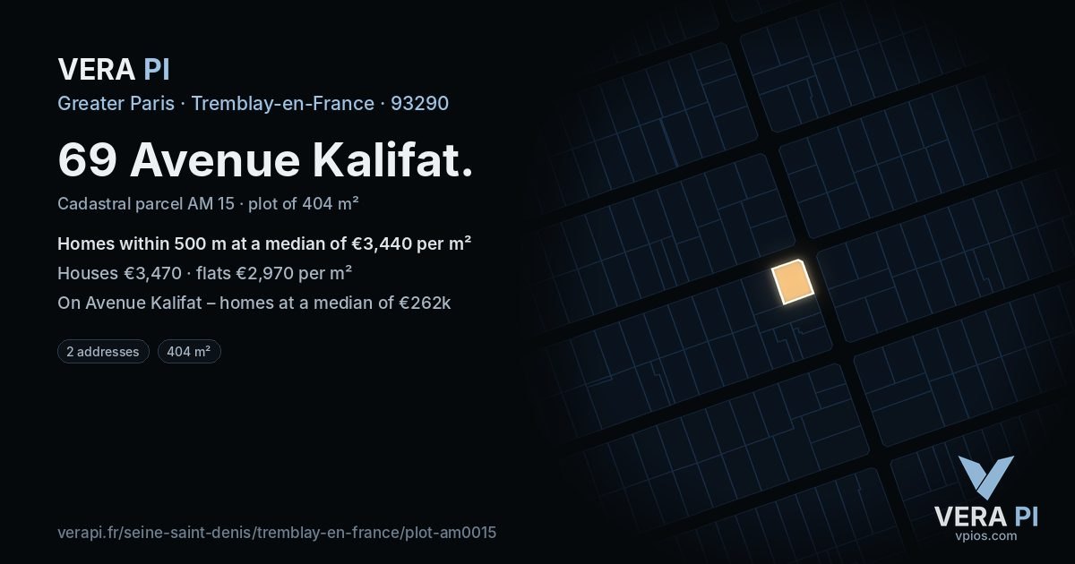 69 Avenue Kalifat, Tremblay-en-France at night – the plot lit, the parcels around coloured by the prices near them