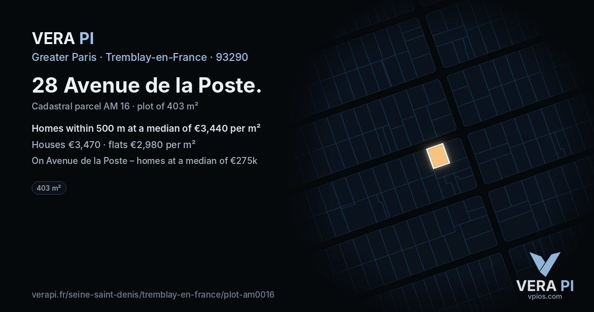 28 Avenue de la Poste, Tremblay-en-France at night – the plot lit, the parcels around coloured by the prices near them