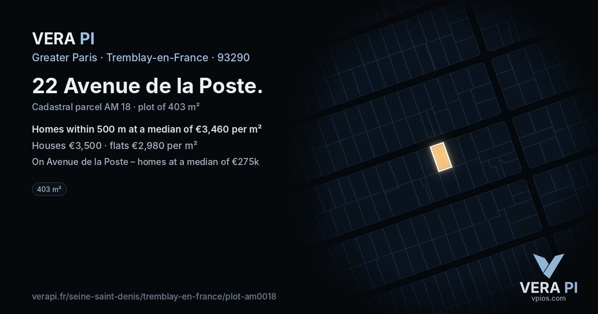 22 Avenue de la Poste, Tremblay-en-France at night – the plot lit, the parcels around coloured by the prices near them