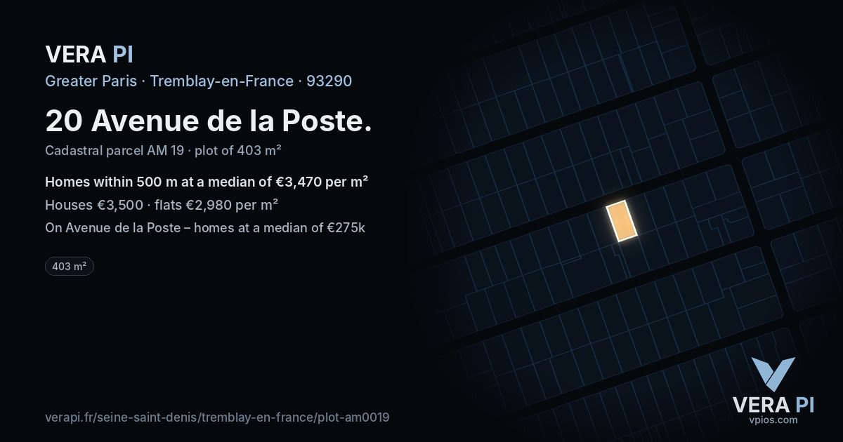 20 Avenue de la Poste, Tremblay-en-France at night – the plot lit, the parcels around coloured by the prices near them