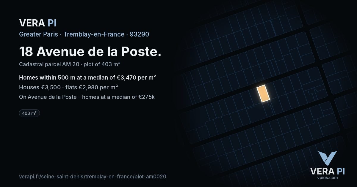 18 Avenue de la Poste, Tremblay-en-France at night – the plot lit, the parcels around coloured by the prices near them