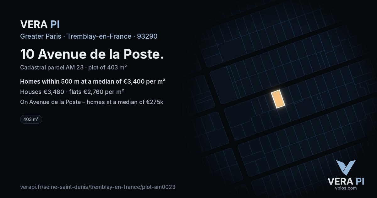 10 Avenue de la Poste, Tremblay-en-France at night – the plot lit, the parcels around coloured by the prices near them